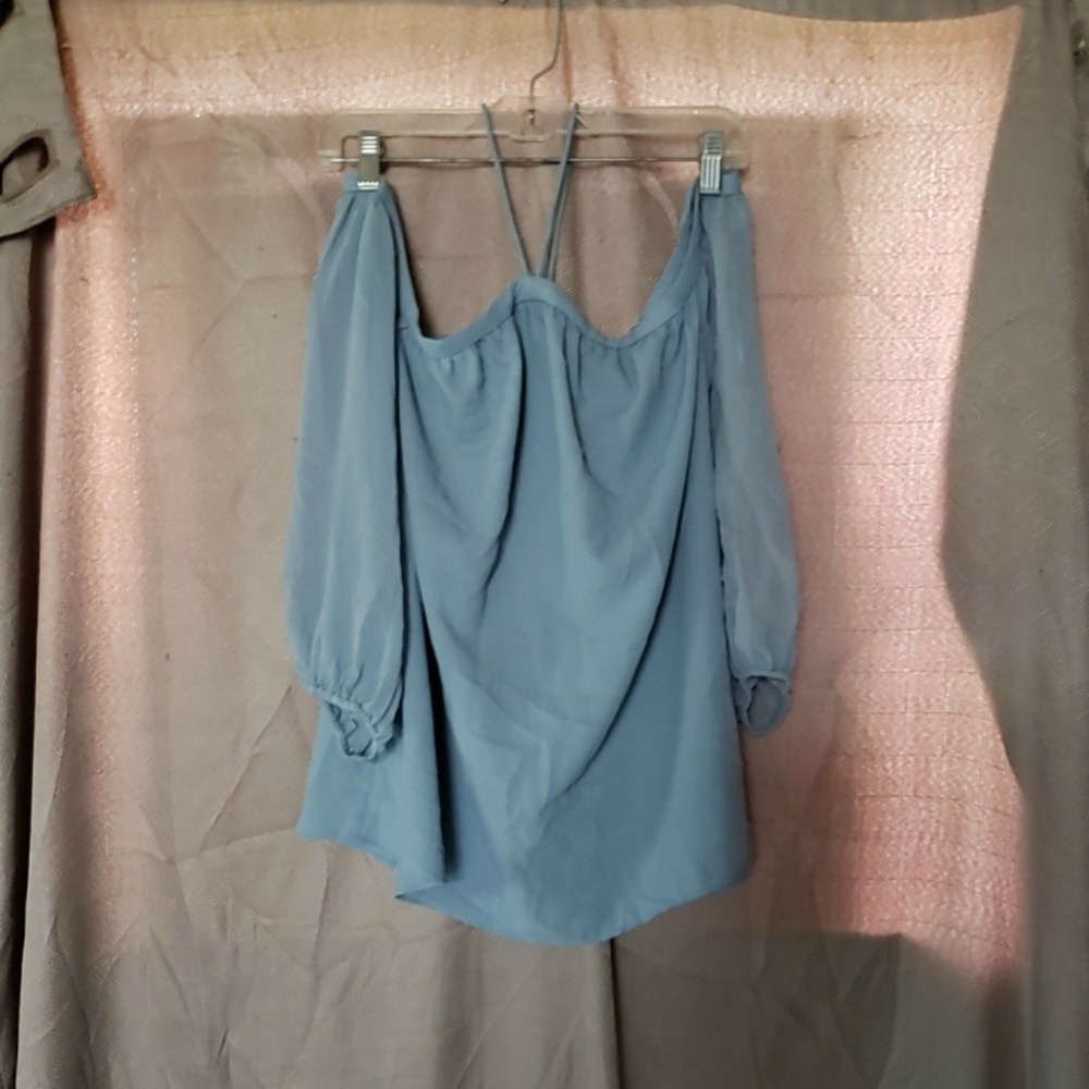1STATE Blouse Womens M Blue Off Shoulder Cold Shoulder Long Sleeve Tunic Top